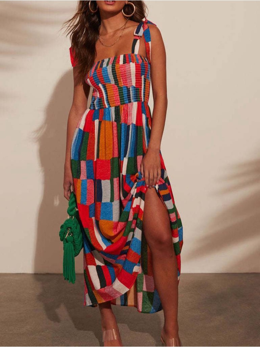 Vici Multicolor Patchwork Tie-Shoulder Maxi Dress